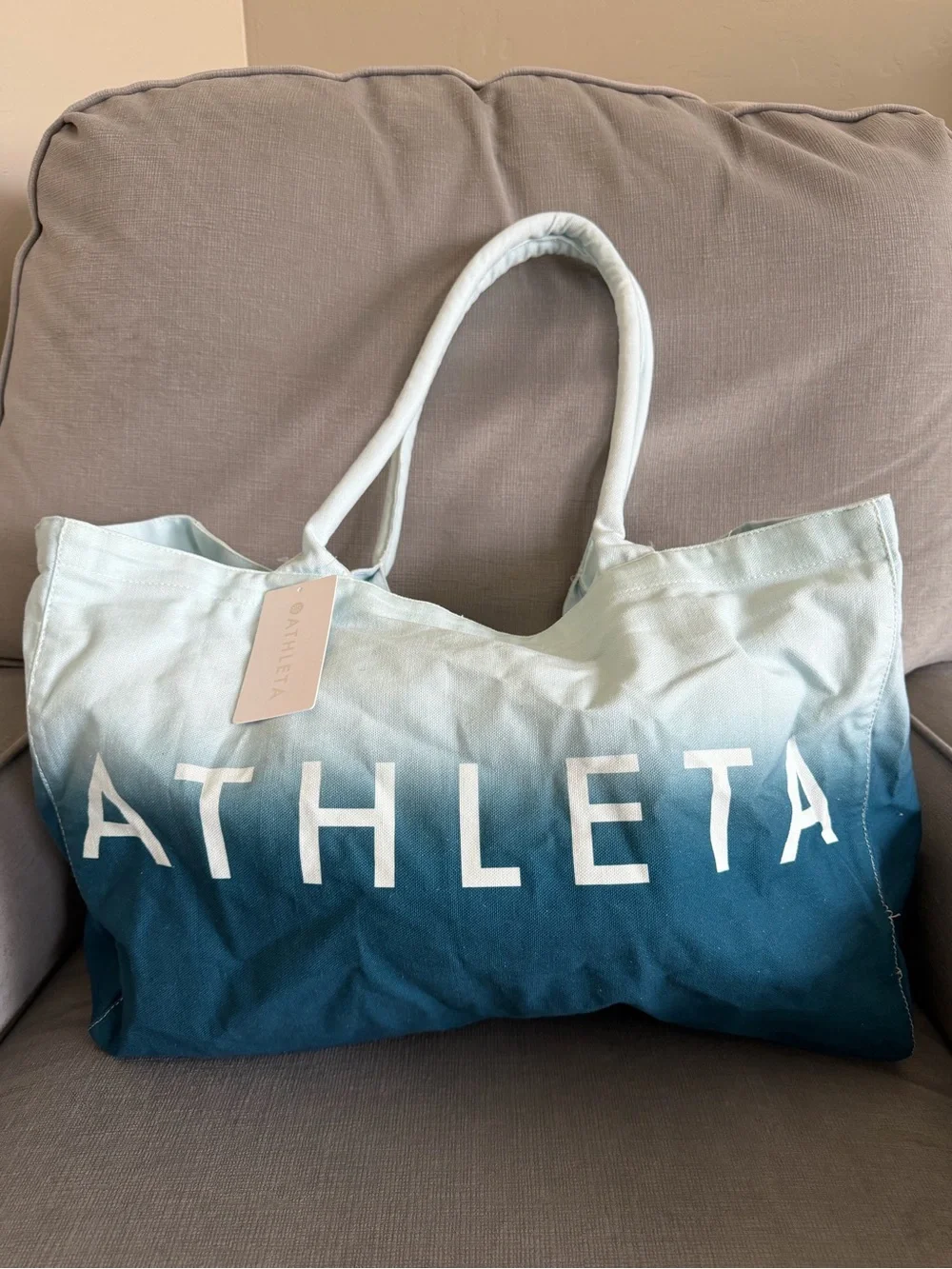 NWT Athleta with Bold Logo Beach Bag Tote Bag Blue Ombre Canvas Shopping Bag